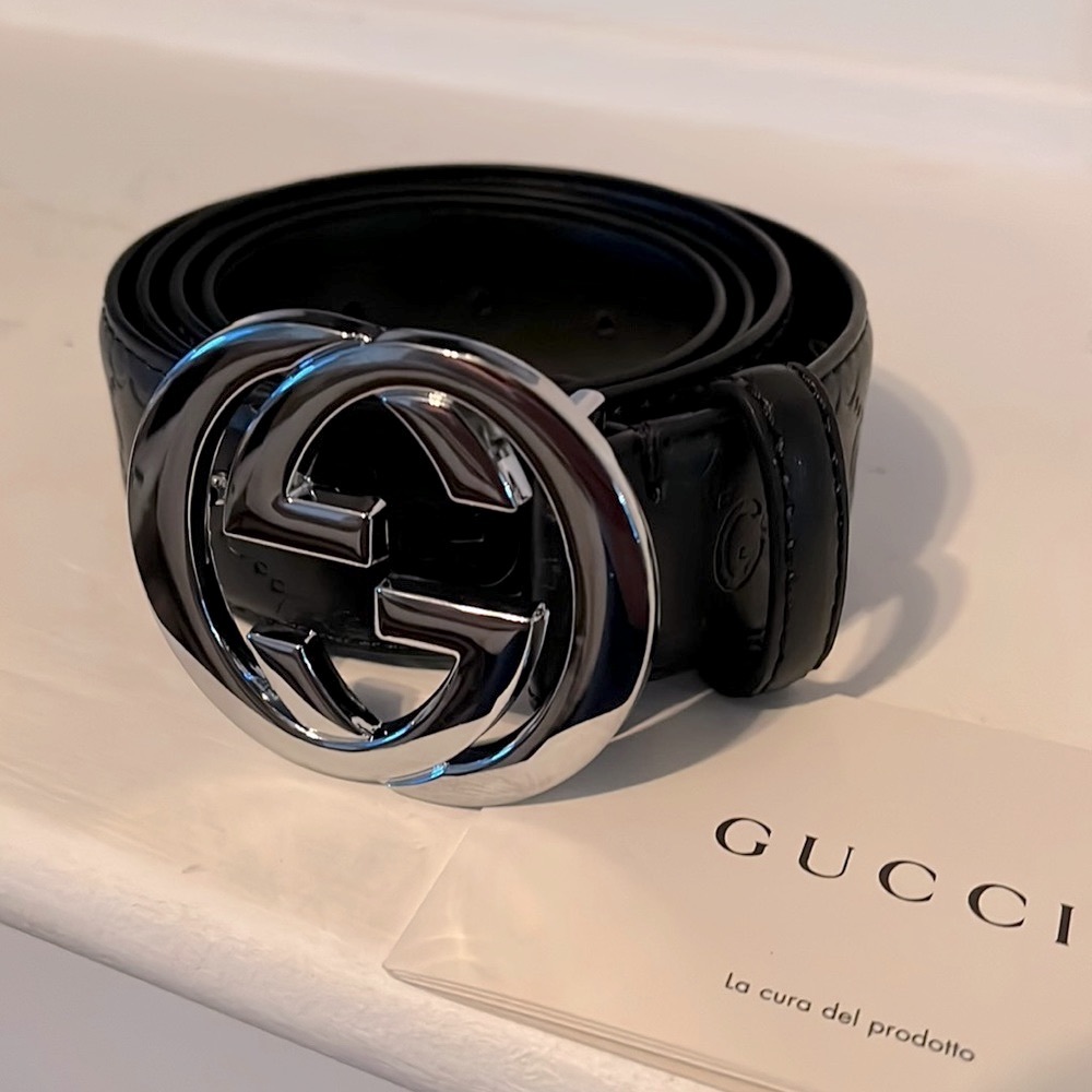 🔥Authentic Gucci Interlocking Silver GG Buckle with Black Leather Belt🔥